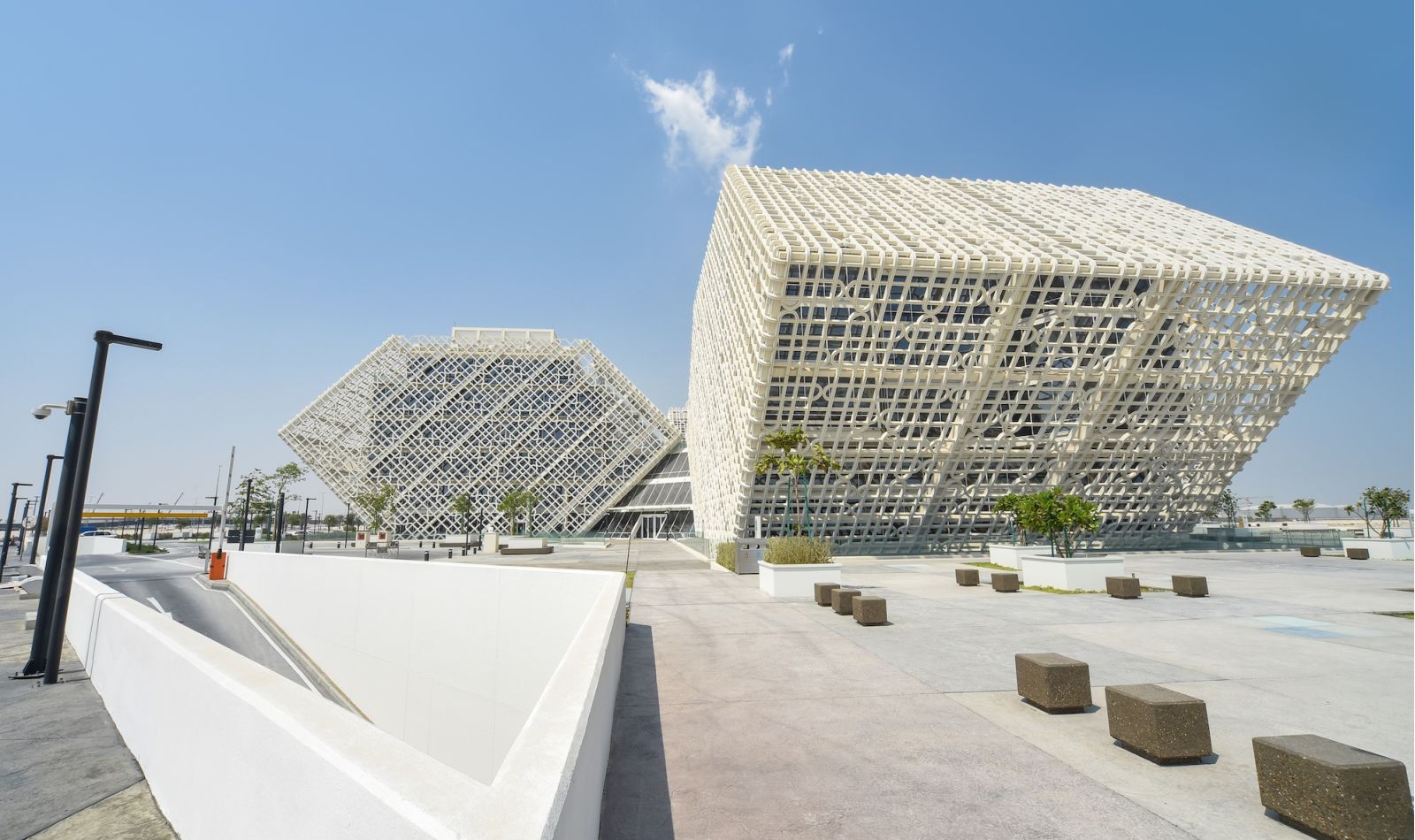 Exterior of Ras Bufontas Office Building, Hexagonal shape with white lattice covering